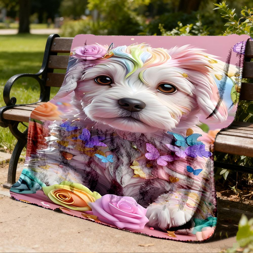 1pc Floral Dog Throw Blanket Polyester Fiber, Lightweight Flannel, Soft & Warm, All Season Use for Outdoor, Camping