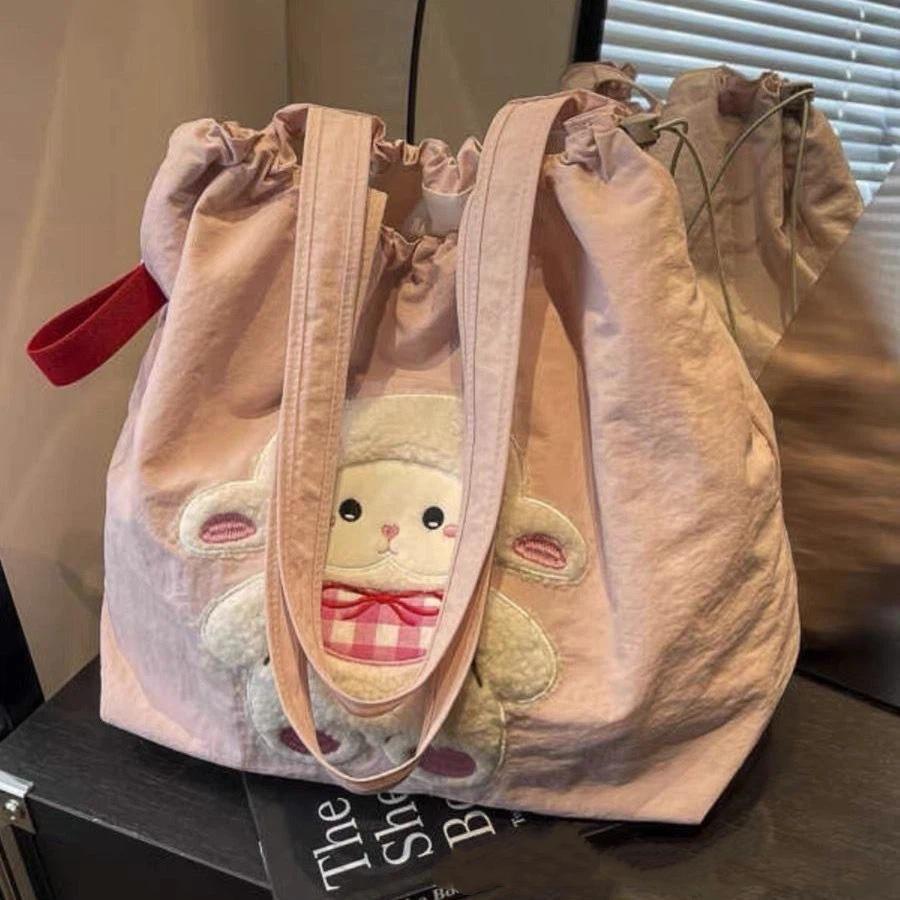 Cute Cartoon Sheep Embroidery Tote Bag Large Capacity Drawstring Shoulder Bag Casual Student Daily Commute Handbag