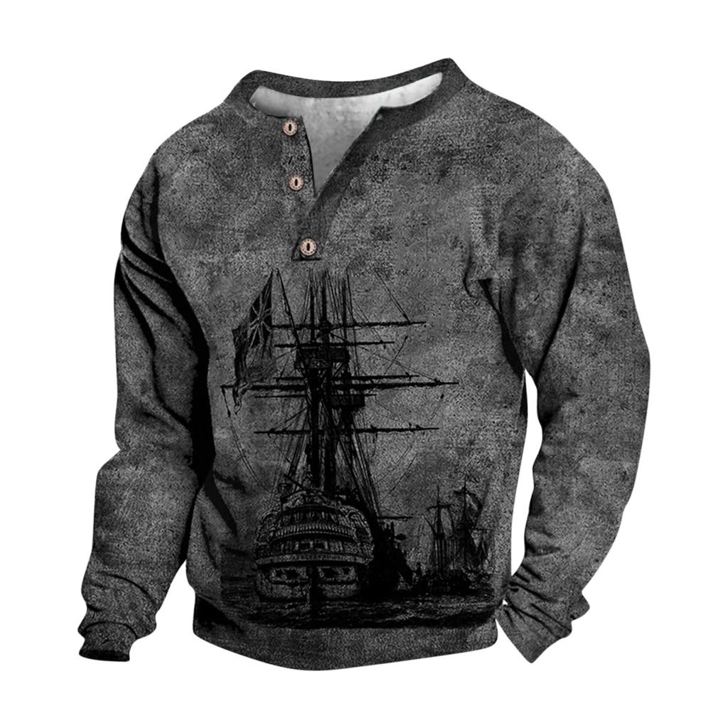 Pullover mit V-Ausschnitt für Herren, 3D-Digitaldruck, Stehkragen, 3 Knöpfe, Vintage-Kragen