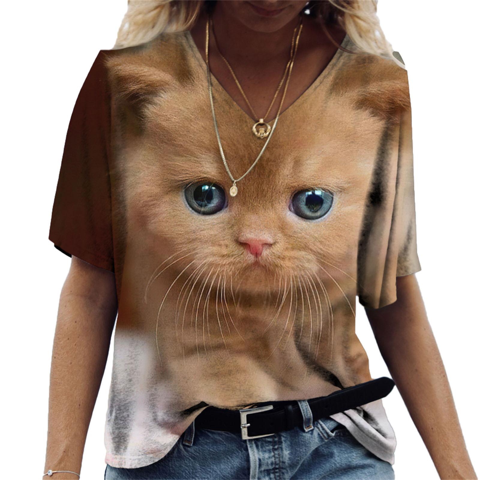 

Летний топ с V-образным вырезом и принтом 3D Cat, модные повседневные женские футболки с короткими рукавами XS