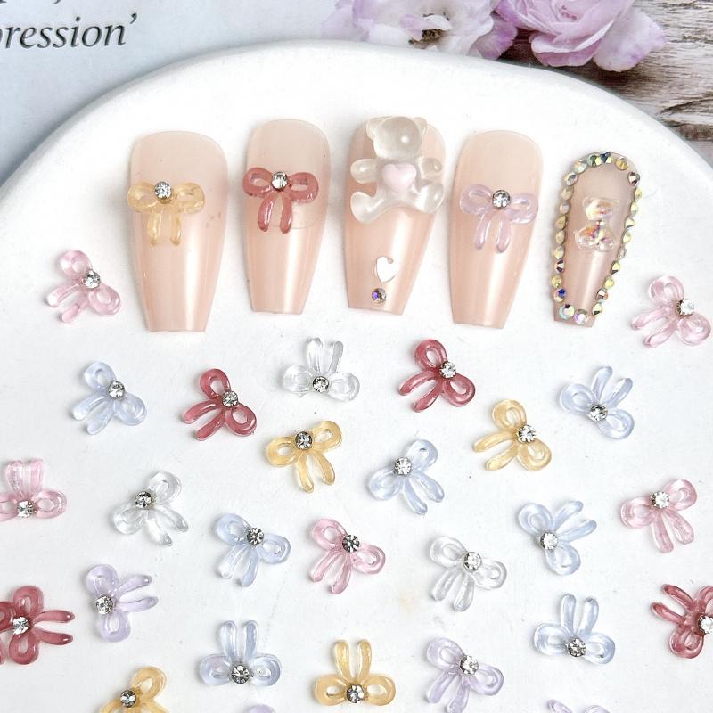 10PCS Solid Color Minimalist Bows Nail Charms Translucent Jelly Bowknots Mini Rhinestones Inlaid Nail Art Decorations for DIY
