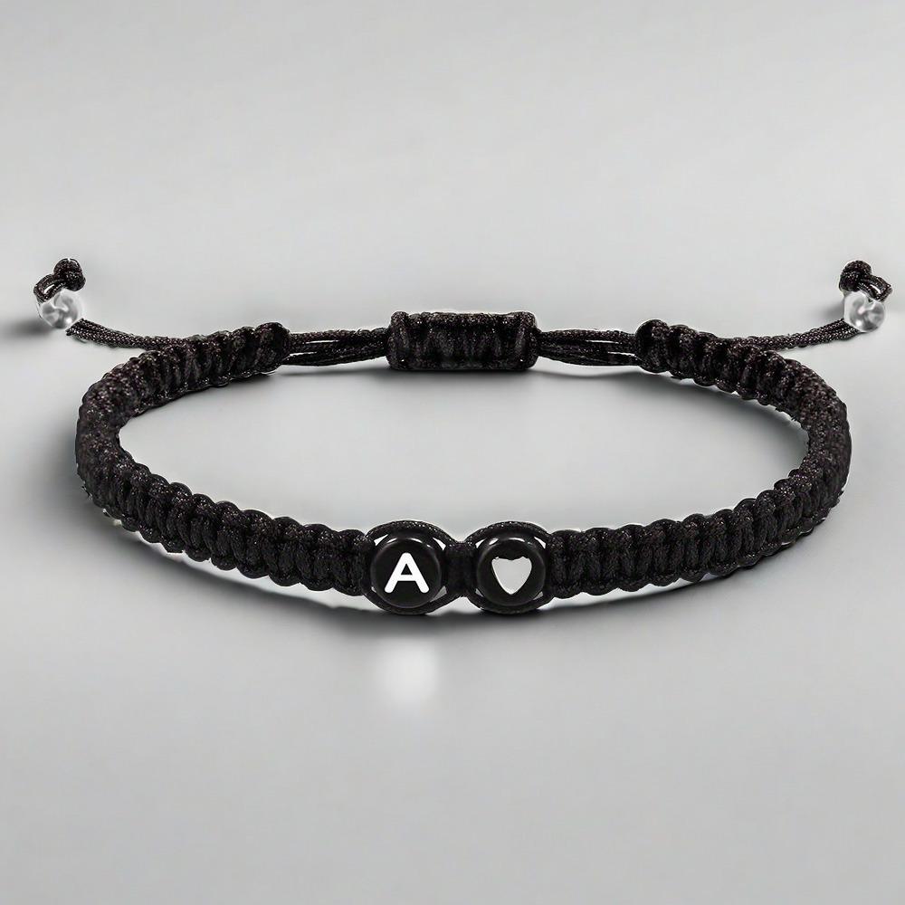 Adjustable Hand-woven Bracelet: Black with White Letter, Heart, Silver Bead - Choose from 26 English Alphabets.