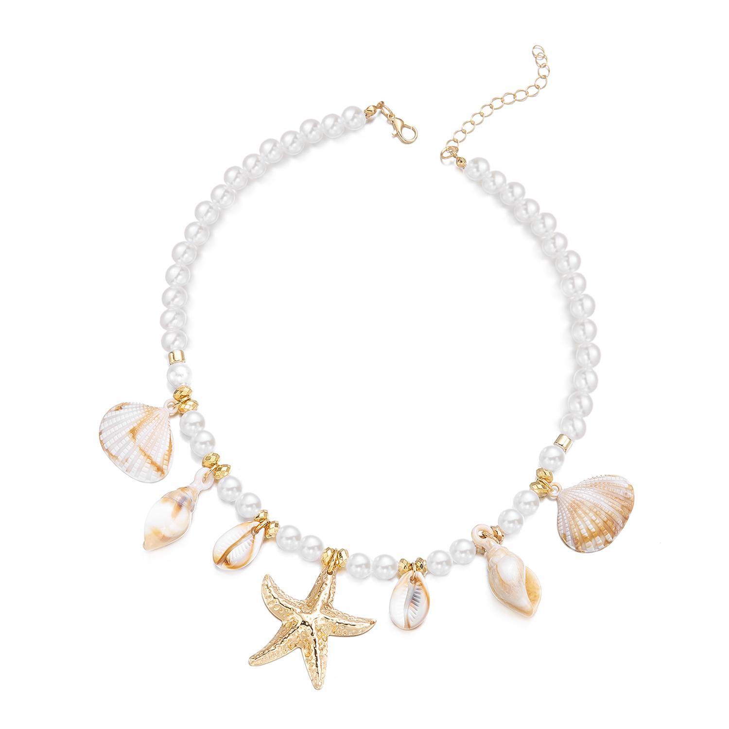 

Boho Starfish Shell Conch Simulated Pearl Necklace Summer Beach Ocean Theme Choker For Women