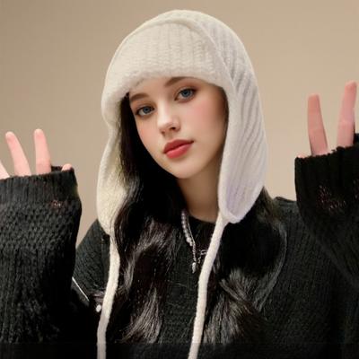 Autumn and Winter New Flight Hat Women's Solid Color Warm Ear Protection Knitted Hat Strap Korean Style Versatile Thickened Wool Hat