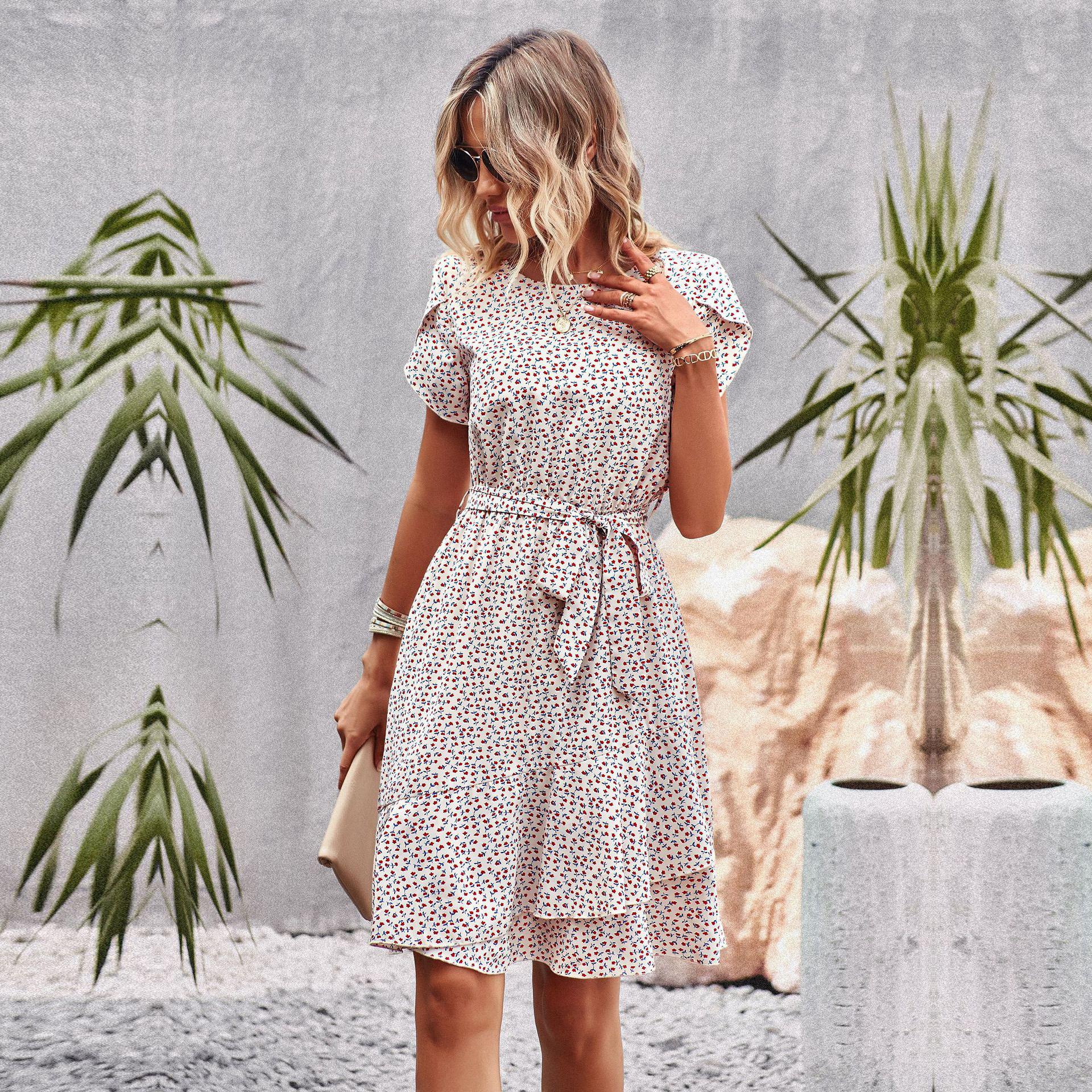 

Женские летние плиссированные платья с высокой талией и круглым вырезом с принтом L красный