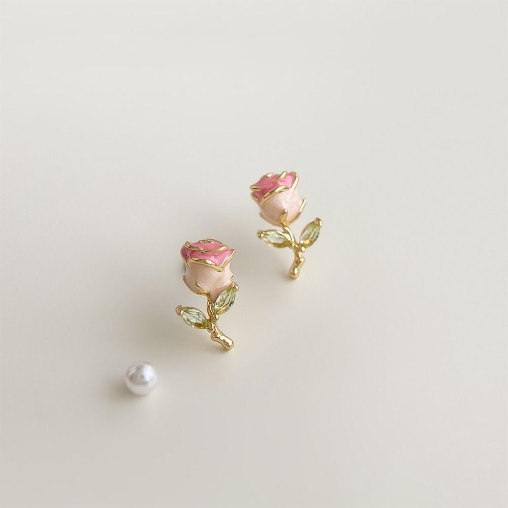 Party Jewelry Pink Rose Studs Earrings 925 Sterling Silver Needle Zircon Small Earrings  Girls