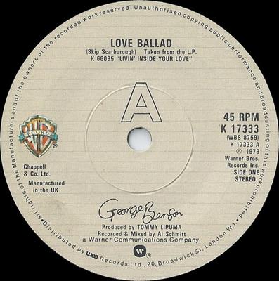 7inch Record GEORGE BENSON  Love Ballad  Youre Never Too Far  K17333 Warner Bros. Re 1979 UK SoulFunk Used
