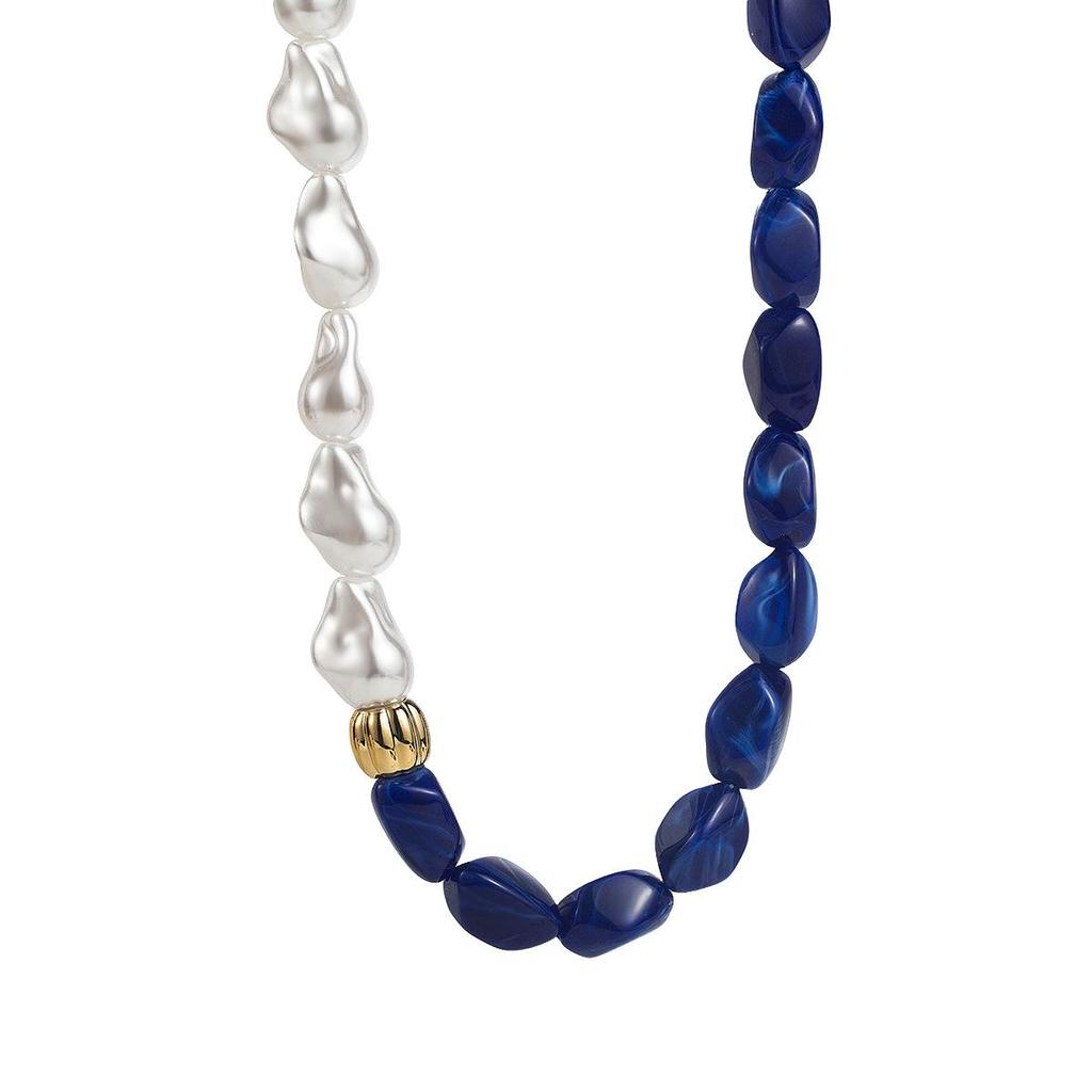 Retro Color Block Beaded Geometric Necklace with Pearl Resin Clavicle Chain