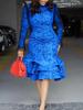 Women's Floral Print Mesh Sleeve Dress with Ruffled Hem in Red, Blue, Gray