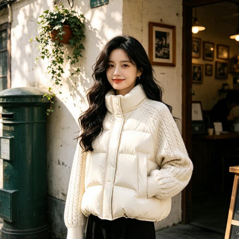 New knitted splicing sleeves short down cotton-padded jacket women's jacket winter stand-up collar loose thickened cotton-padded jacket women's clo