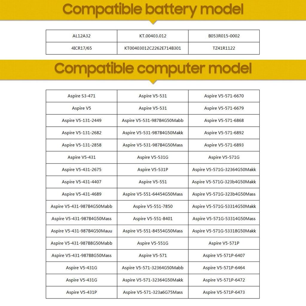 Rechargeable Lithium Battery For Acer Aspire V5 Series AL12A72 V5-571 V5-551 V5-471 V5-431 E1-470 E1-472 V5-531 V5-551 V5-571 AL12A32 Laptop Battery