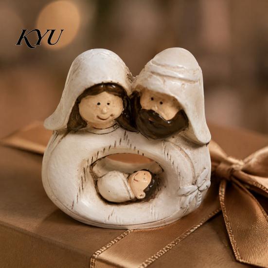 Resin Holy Family Statue for Office Figurine, Vintage Nativity Scene Statue, Mini Rustic Farmhouse Christmas Ornament Jesus Birth Desktop Ornament,