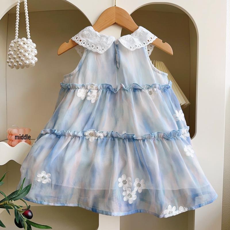 Girls' Floral Embroidered Sleeveless Dress with Peter Pan Collar