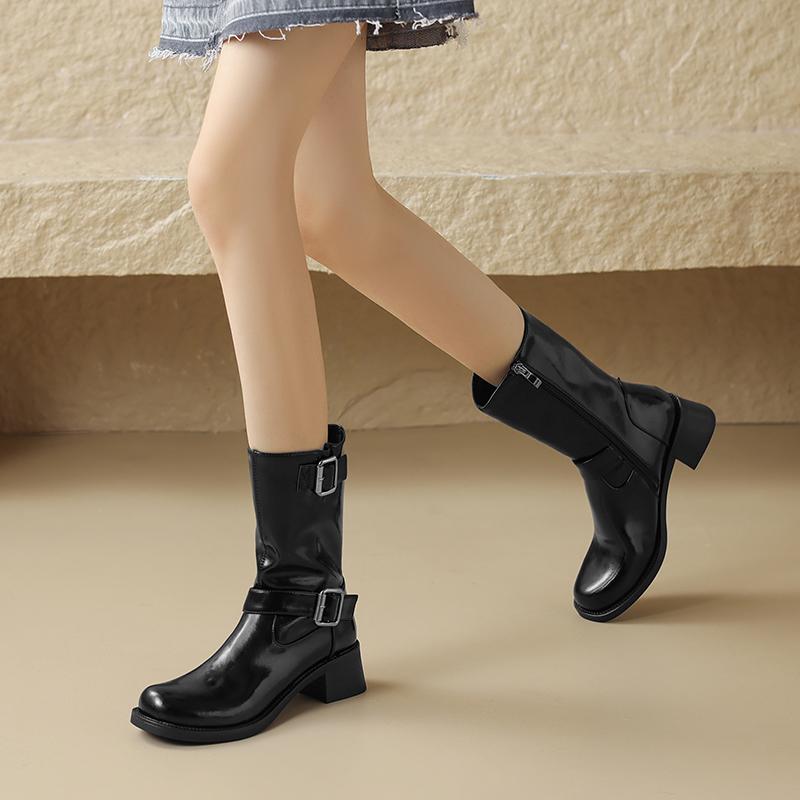 Fashion 2024 Autumn Women Boots round Toe Chunky Heels Mid-calf Boots Women Shoes Genuine Leather Western Boots Knight Boots Winter