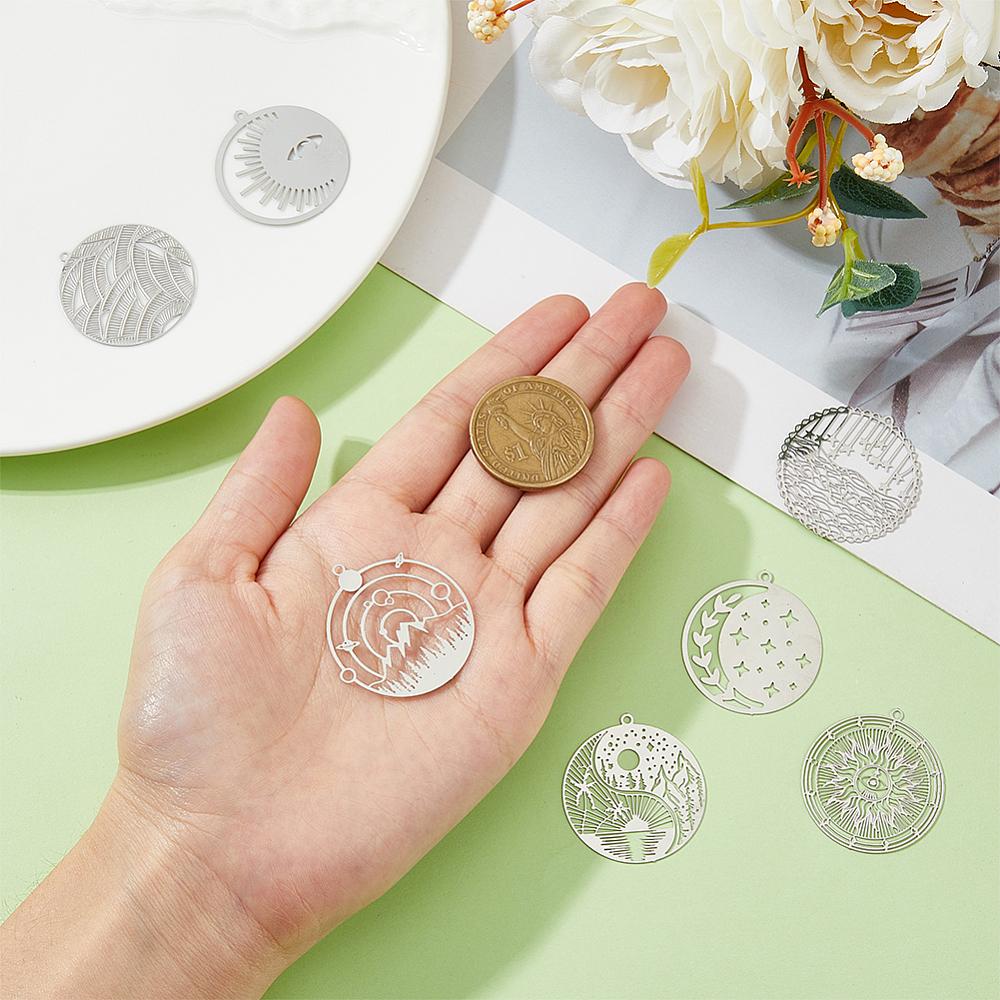 42Pcs 7 Style 201 Stainless Steel Filigree Pendants Etched Metal Embellishments Flat Round Stainless Steel Color 31.5~32.5x30~31x0.2~0.3mm
