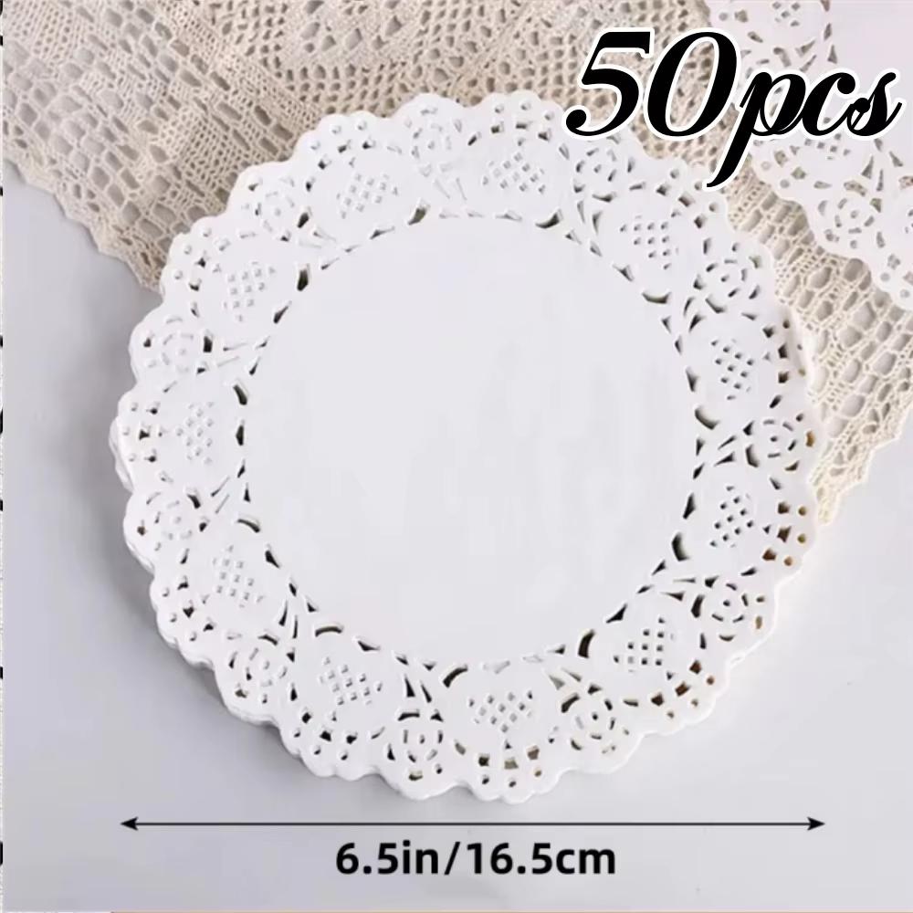 50PCS White Round Lace Mat Cupcake Paper For Fried Food Dessert Cookies Cake Party Wedding Table Decor Pad Kitchen Supplies