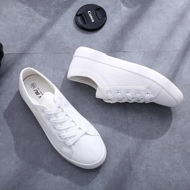 Unisex Białe płócienne buty Casual Letnie wulkanizowane buty Sznurowane Studentki Buty materiałowe Damskie płaskie trampki Damskie buty do deskorolki