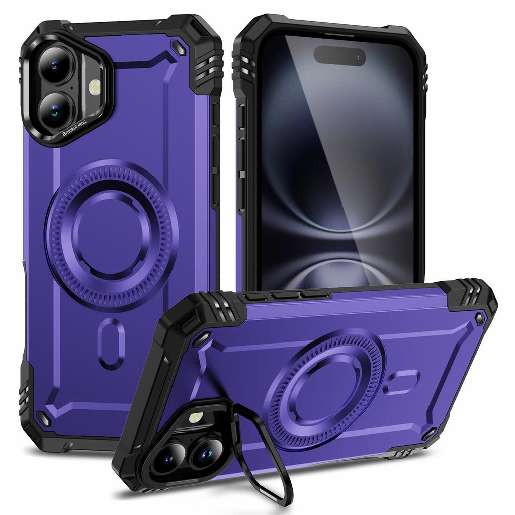 For iPhone 16 Case Compatible with MagSafe Metal Lens Frame Kickstand PC+TPU Mobile Cover