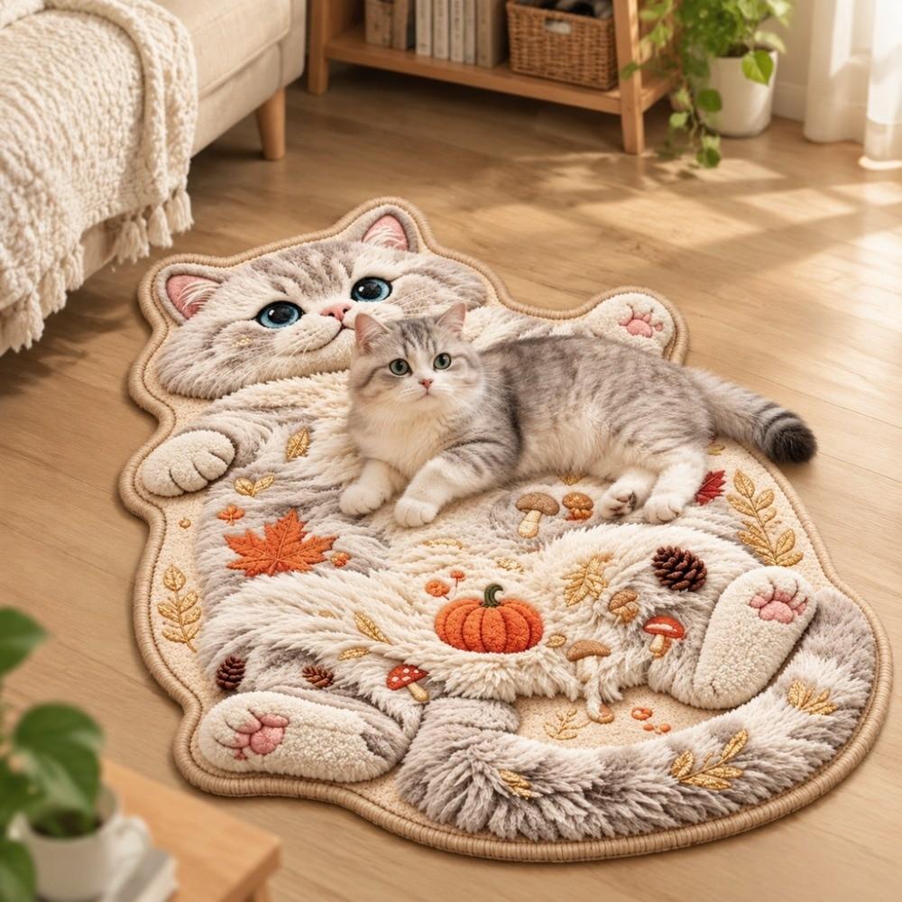 2D Cat-Shaped Area Rug Non-Slip Cartoon Carpet Cute Home Decor Carpet  Living Rooms