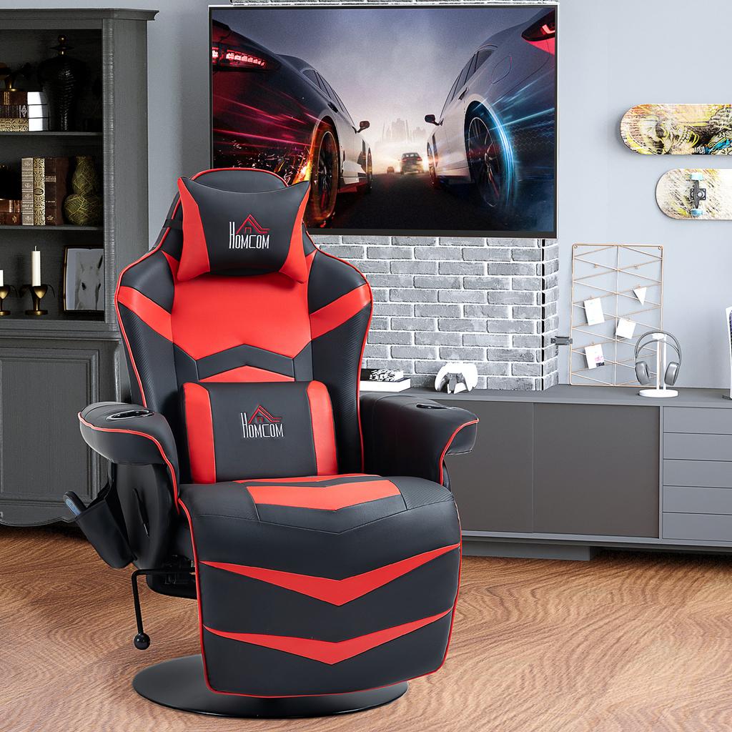 Sedia da Gaming, Funzione Massaggio, Schienale Reclinabile, Poggiapiedi, fino a 120 kg, Telaio in Acciaio, Ecopelle, Rosso