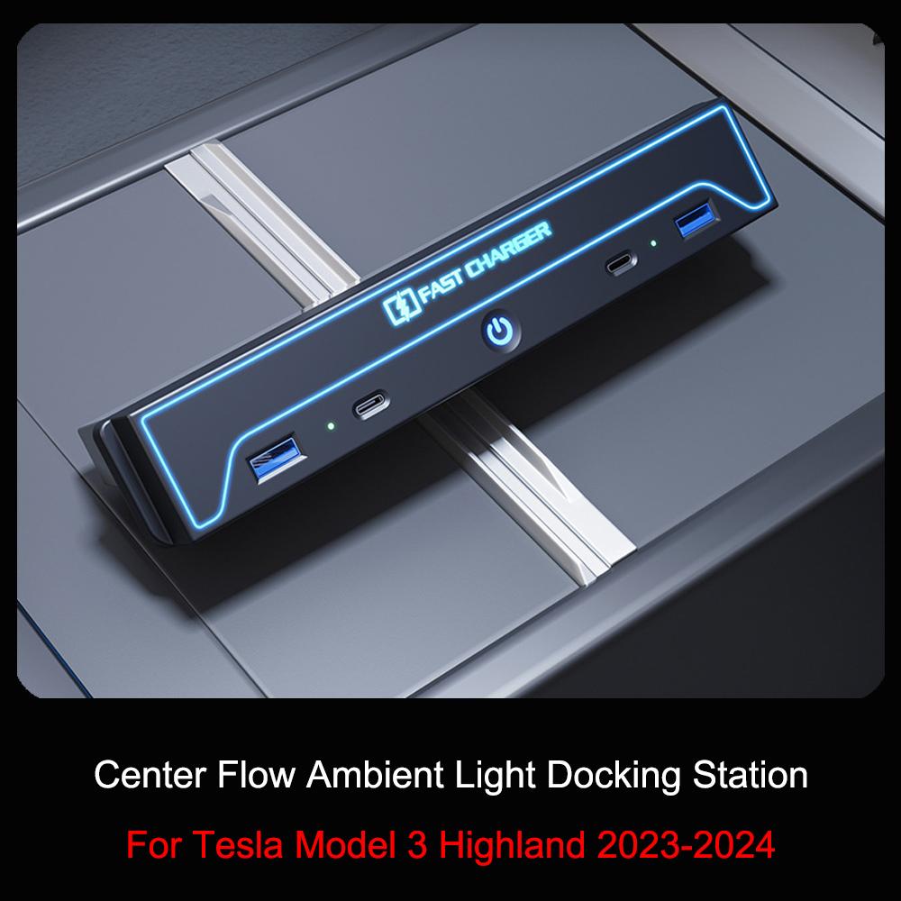 For Tesla Model 3 Highland 2024 Car USB Hub 4-Port 27w Fast Charger Smart Docking Station Adapter Power Shunt Splitter Extension