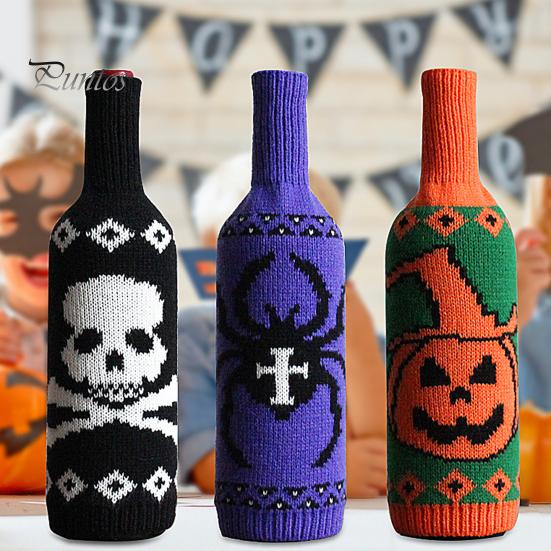 Spider Web Wine Decoration Halloween Bottle Sweater, Reusable Knitted Champagne Cover, Pumpkin Skull Cover Pattern Sleeve for Dining Room Table Decor