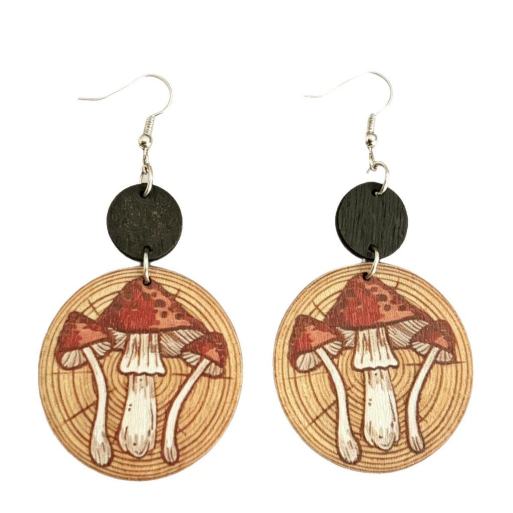 Retro Geometric Mushroom Wood Earrings