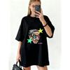 Oversized T Shirt Black Abstract Face With Stars And Brand Text Graphic Print Casual Streetwear Fashion Statement Top For Women