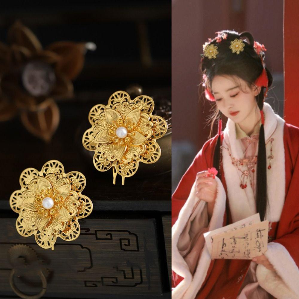 Gold Chinese Style Hairpin Floral Women Hair Stick Luxury Hanfu Hair Comb  Girl