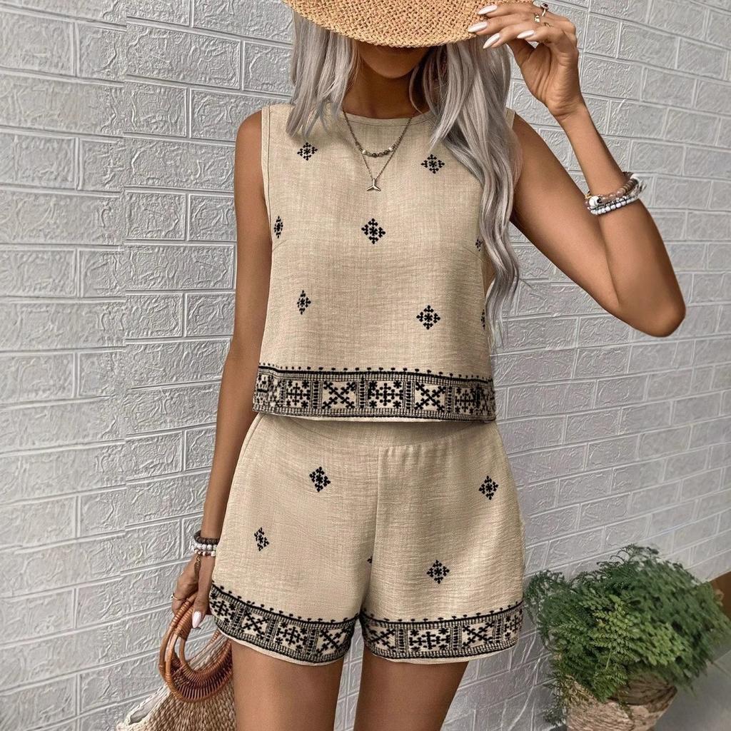 2026 Summer new fashion print beach vacation high waist wide leg pants sleeveless top suit women