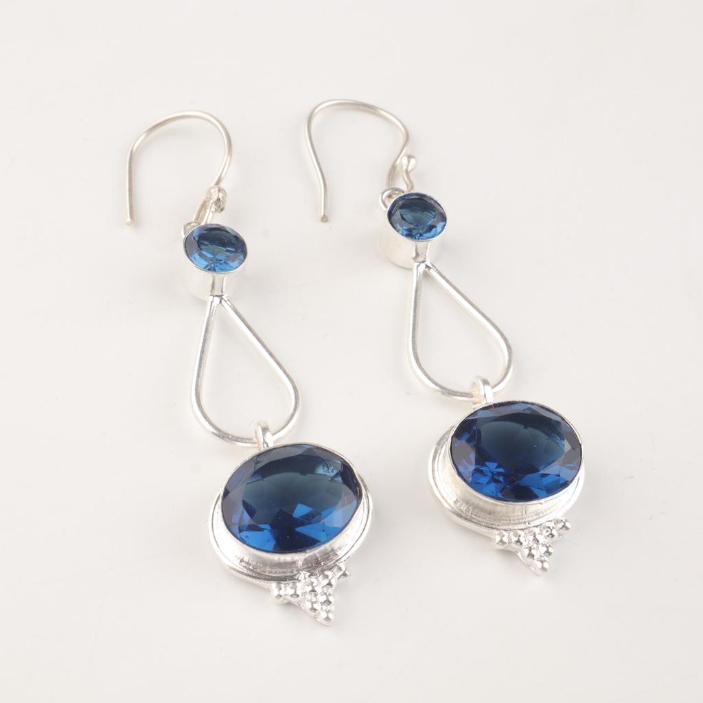 Natürlicher London Blue Topas Edelstein 925 Sterlingsilber Handgefertigte Ohrringe 2,50" EE-132-15