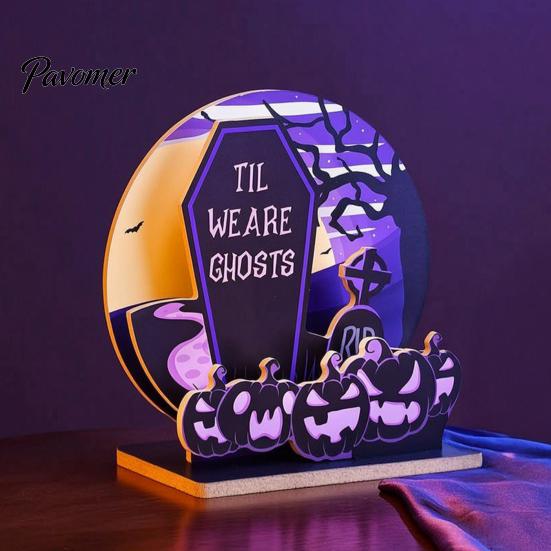 Indoor Festive Scene Layouts Halloween Table Centerpiece, Wooden Tombstone Pumpkin Tabletop Sign, Purple And Black Party Decor Spooky Cemetery