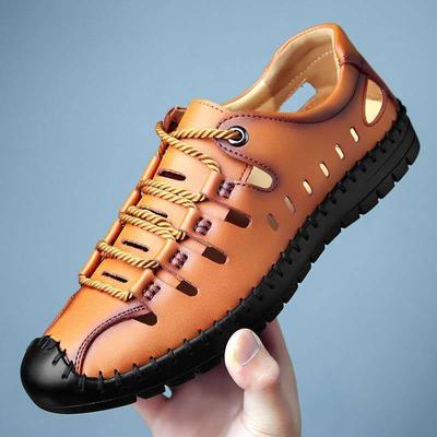 Fashion Summer Brand Mens Leather Sandals Breathable Hollow Out Mens Casual Sandals Soft Bottom Men's Flat Sandals
