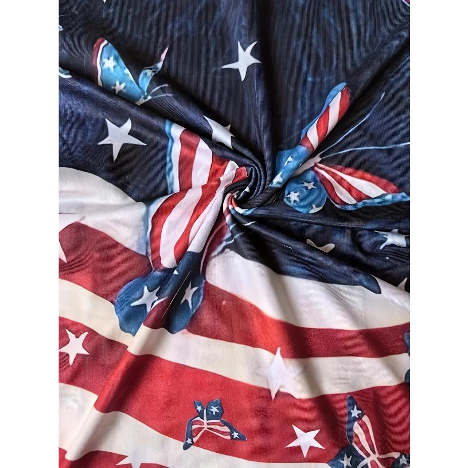 Women's American Flag & Butterfly Print Crew Neck T-Shirt - Casual Short Sleeve Spring/Autumn Top Vibrant Colors Printed Top