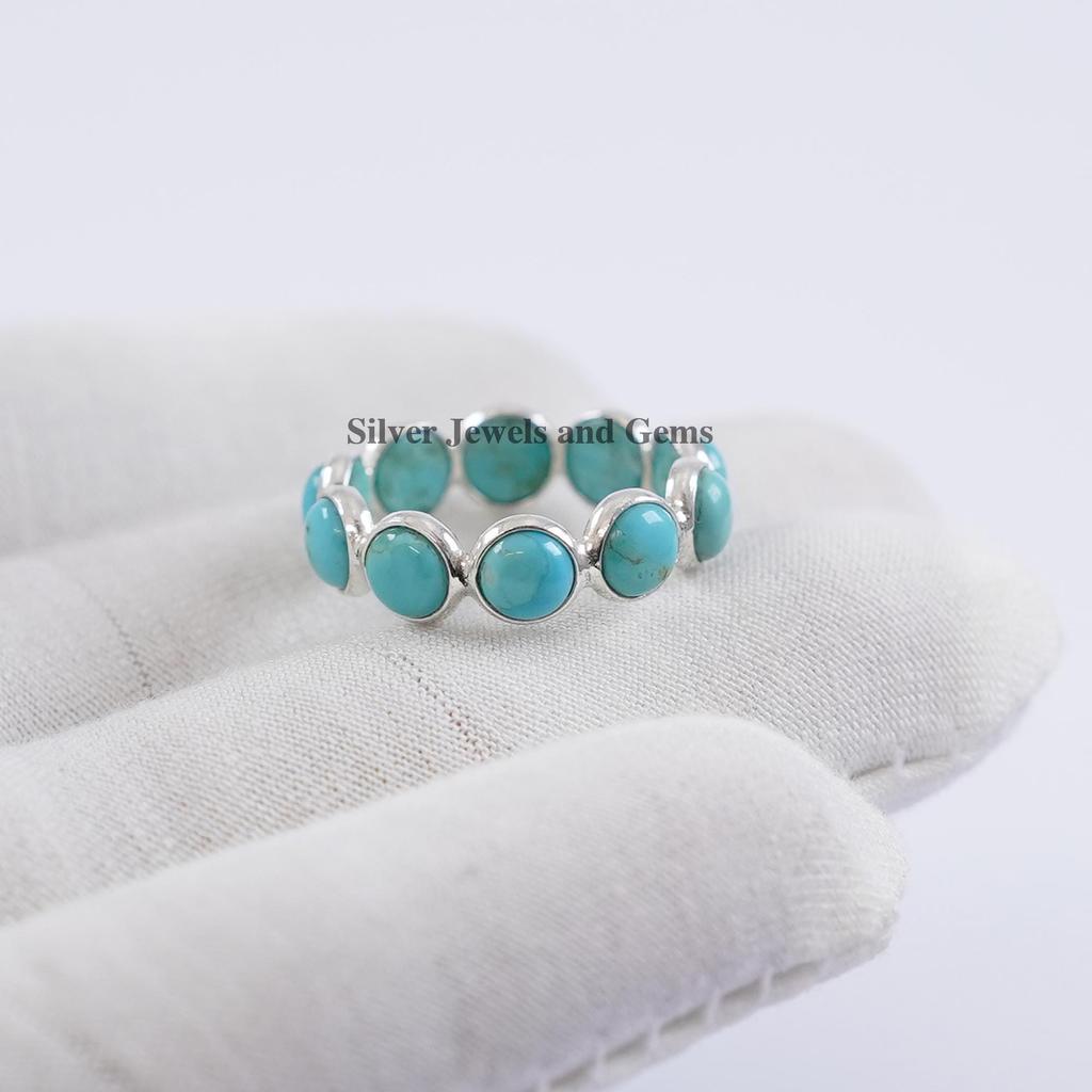 Dainty Kingman Turquoise Eternity Ring: 925 Sterling Silver Handmade Round Gemstone Ring, Multi Stone Ring