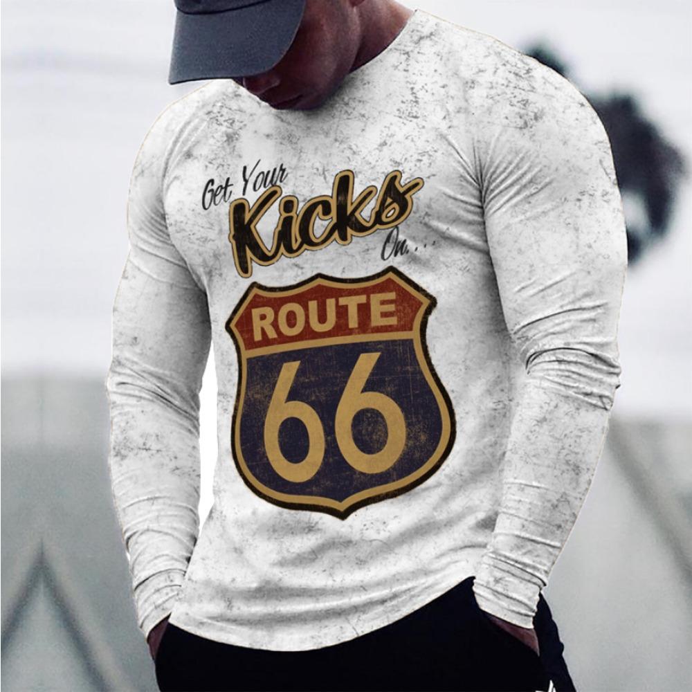 ETST31 2024 Heren T-shirts Lange Mouw 3D Print Top Casual Katoen Vintage T-shirt Vintage Route 66 Tee Los Sport O-hals Kleding 5xl 3XL
