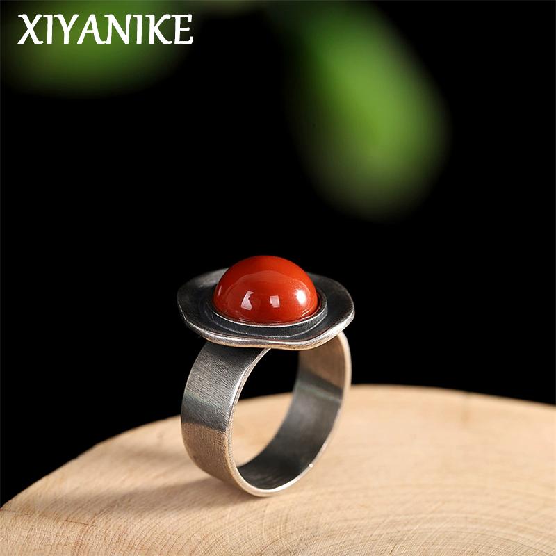 XIYANIK Ethnic Style Thai Silver Southern Red Adjustable Rings For Men Women Retro Fashion New Jewelry Gift Party Anillos