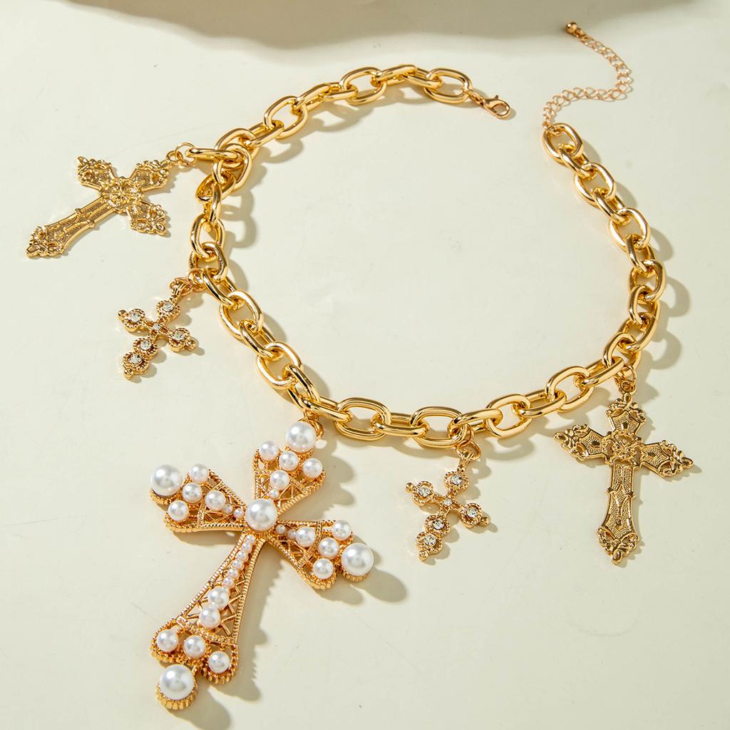 Vintage Creative Imitation Pearl Big Cross Pendant Necklace for Men Woman Luxury Rhinestone Choker Adjustable Chain Jewelry