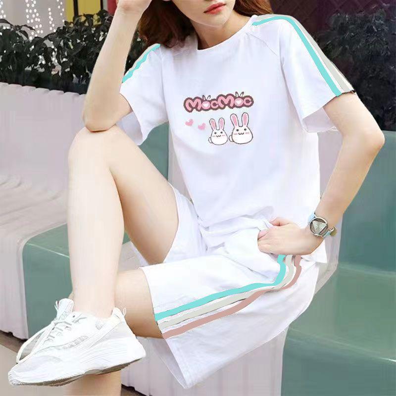 Women's Korean-Style Summer White Loose Plus Size Short Sleeve T-Shirt & Shorts Set