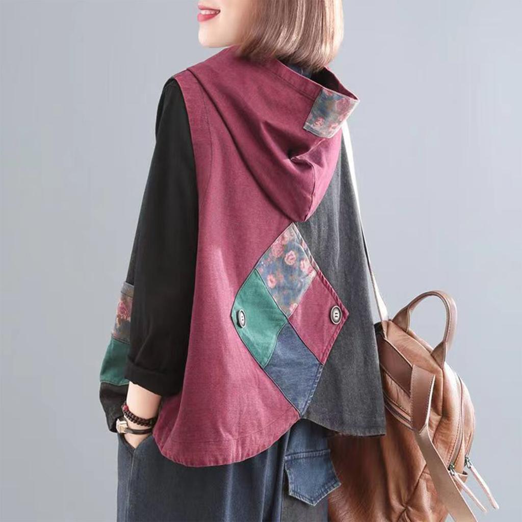 Large Size Flesh Blocking Retro Distressed Hooded Print Patchwork Denim Vest For Women