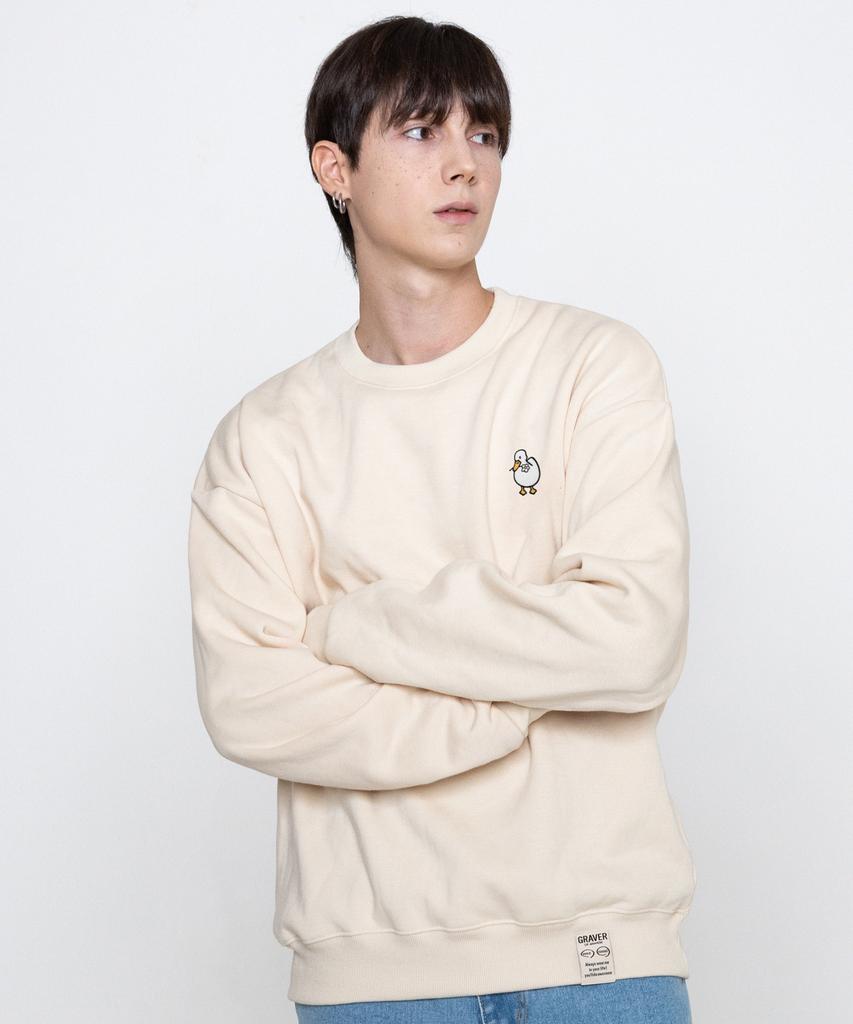 GRAVER [Unisex] Duck Flower Embroidered Smile Sweatshirt_Cream