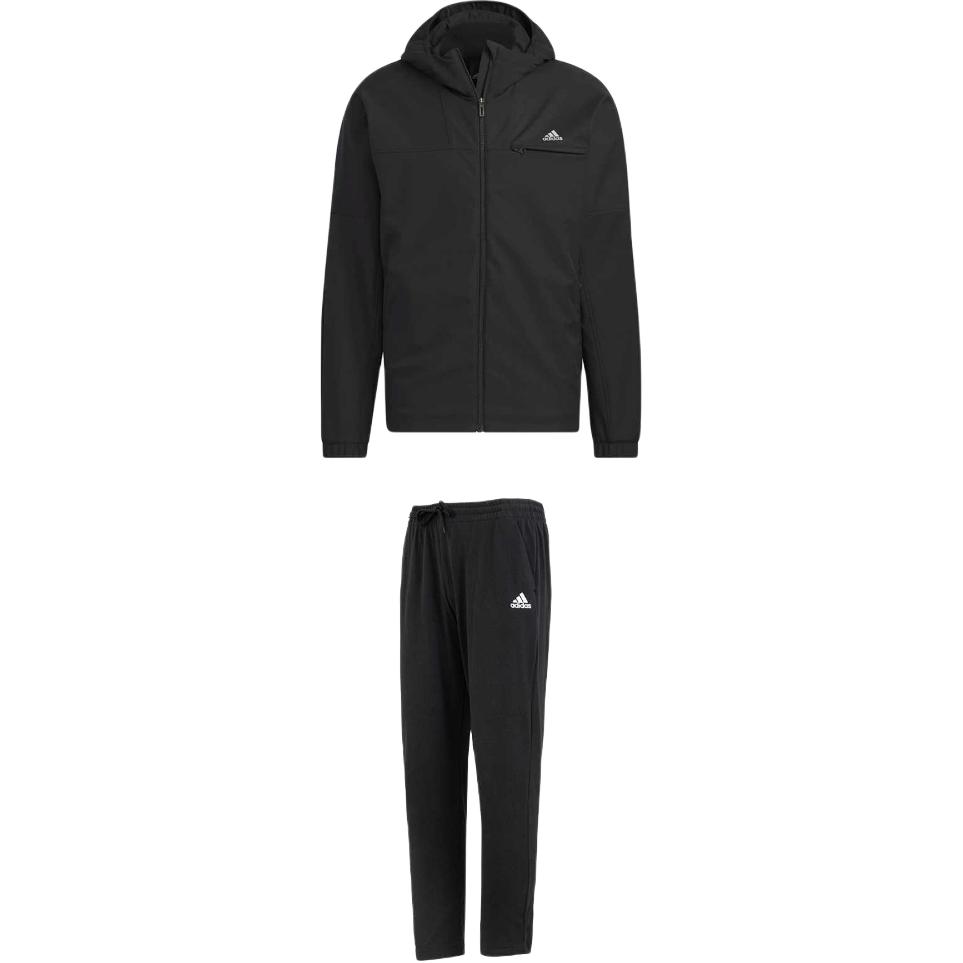 

Adidas Однотонная ветровка с капюшоном, куртка на молнии, брюки со средней талией и завязками, повседневный спортивный костюм, мужской костюм, черный цвет IJ6092+IC9409 S