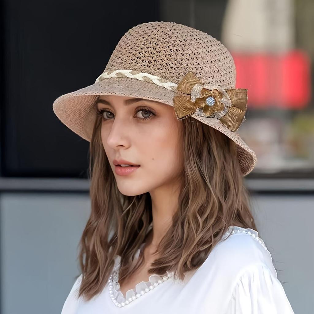 Elegancki damski kapelusz słomkowy z kwiatową dekoracją - Oddychający kapelusz przeciwsłoneczny z ażurowym wzorem, Letni modny kapelusz rybacki na podróże i wakacje na świeżym powietrzu, Kapelusz plażowy