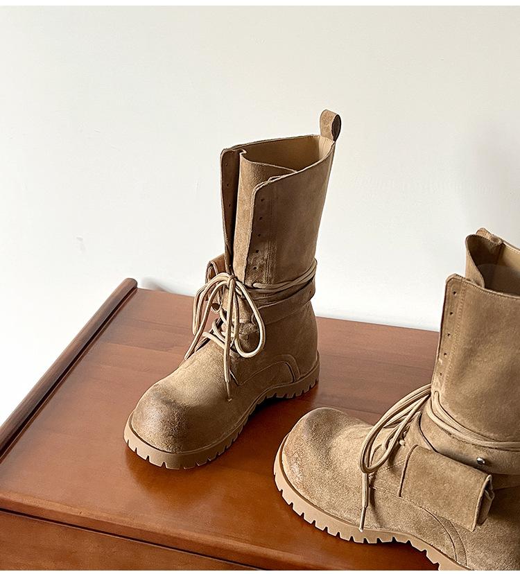 

Vintage British style round head lace-up Maillard platform mid-tube boots 2025 new temperament versatile thick heel Martin boots 40 хакі