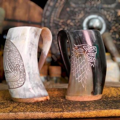 Set of 2 Viking Horn Mug Set Wooden Base Option Medieval Mead Ale Drinking Cup Gift for Him, Her, Christmas, Birthday