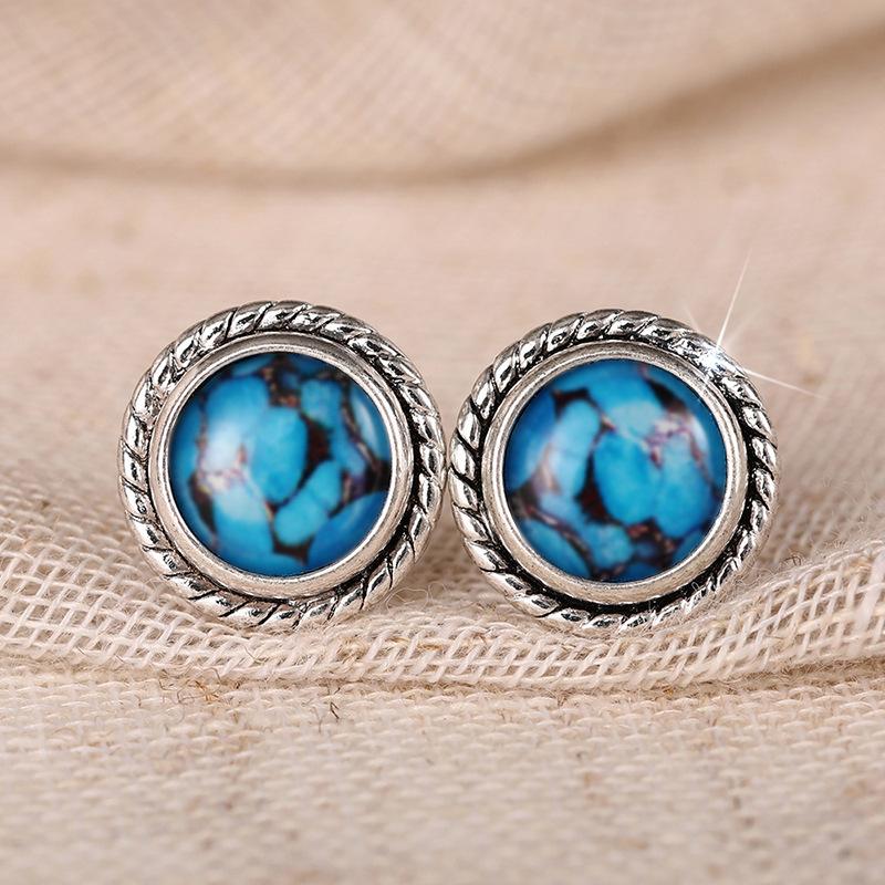 Turquoise composite earrings, Bohemian woven border round women's stone earrings, Western casual jewelry gifts