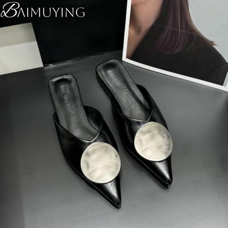 Fashion Pointed Toe Slippers Women Sandals Mules Shoes Low Heels Sexy Luxury 2025 Trend Flip Flops Summer Slides Metal Dress Casual Shoe