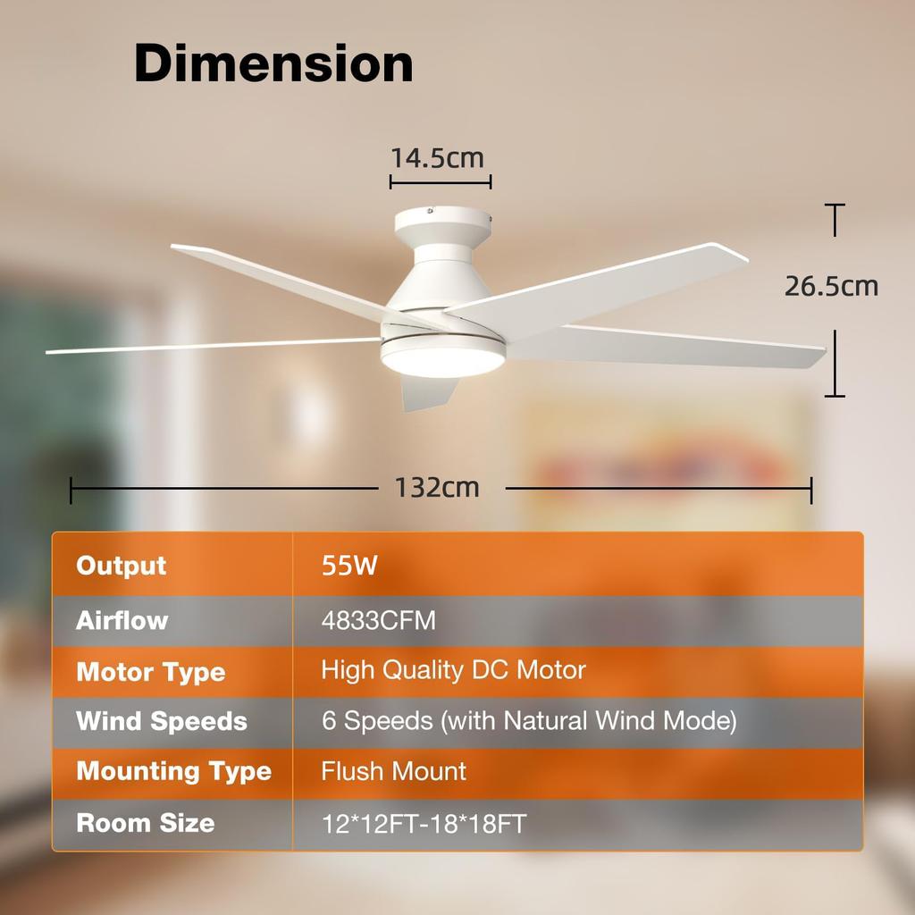 Ventilator Modern cu Lampă de Tavan 52" 5 Pale Ventilator de Tavan Silențios Corp de Iluminat LED 6 Viteze Ventilator DC Reversibil Negru/Lemn Montare Directă pe Tavan
