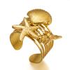 Bohemian Stainless Steel Gold Plated Starfish Scallop Ring for Women Wide Band Nautical Summer Vacation Party Jewelry Gift