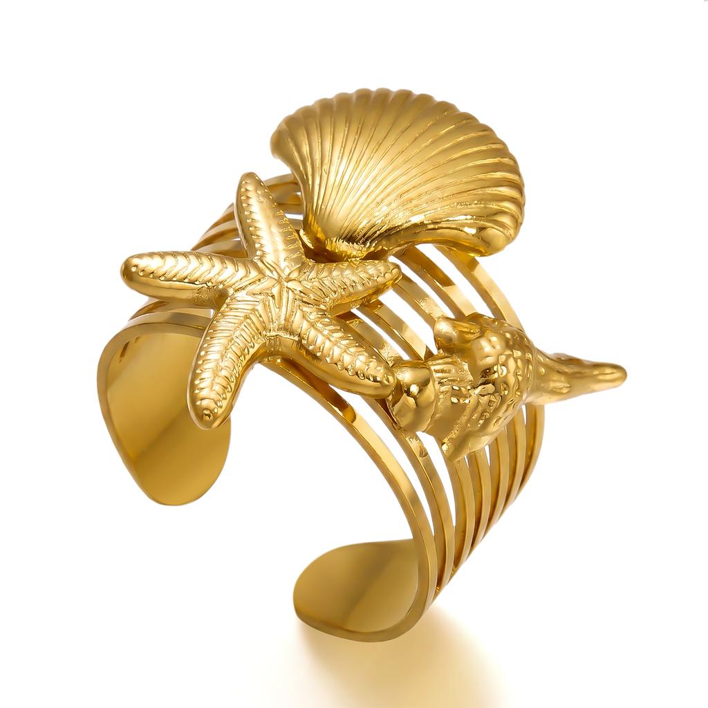 Bohemian Stainless Steel Gold Plated Starfish Scallop Ring for Women Wide Band Nautical Summer Vacation Party Jewelry Gift